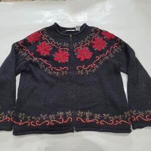 black wool zip-up sweater with red floral poinsettia embroidery
